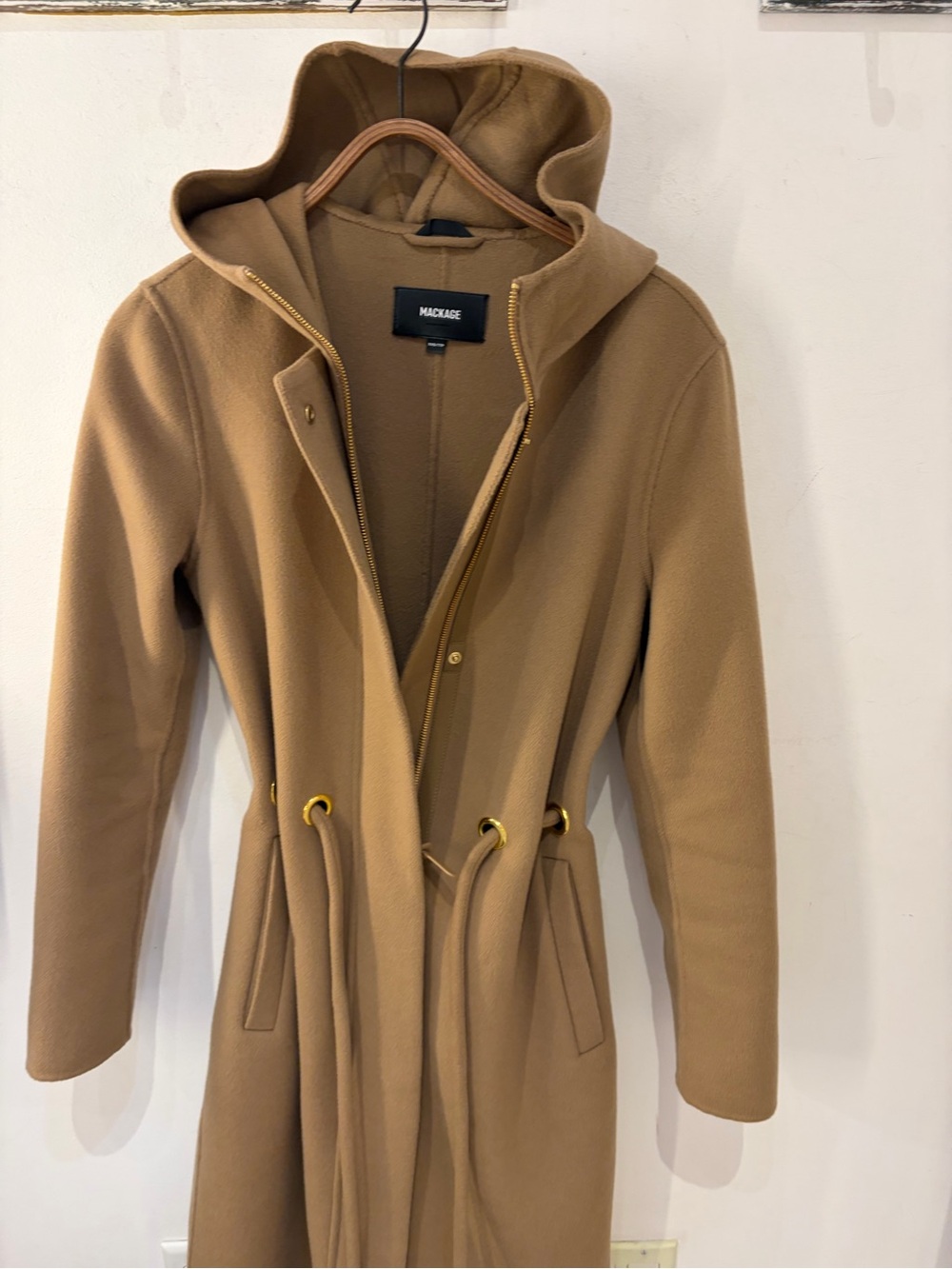 Mackage Hooded Wool-Blend Trench Coat in Camel Brown